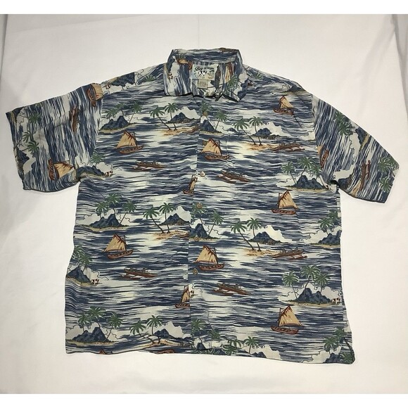 Big Dogs Shirt Mens XL Blue White Boat All Over Rayon Button Up Nautical Beach - Picture 1 of 9